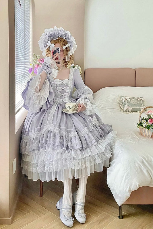 Light Purple Satin Square Neck Long Sleeve Tiered Ballgown Rococo-style Lace Bow Tea Party·Retro Party Dress gh6739