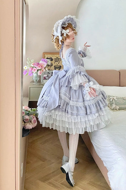 Light Purple Satin Square Neck Long Sleeve Tiered Ballgown Rococo-style Lace Bow Tea Party·Retro Party Dress gh6739