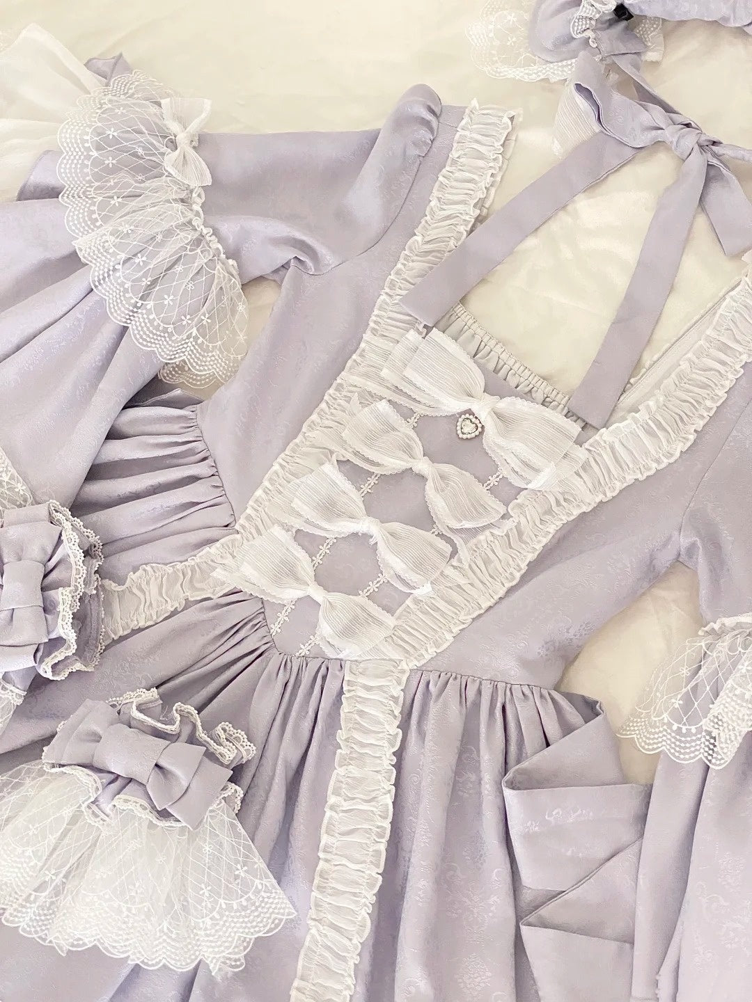 Light Purple Satin Square Neck Long Sleeve Tiered Ballgown Rococo-style Lace Bow Tea Party·Retro Party Dress gh6739