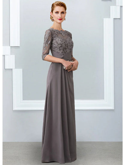 Aimishang  Sheath / Column Mother of the Bride Dress Elegant Jewel Neck Floor Length Chiffon Lace 3/4 Length Sleeve with Appliques