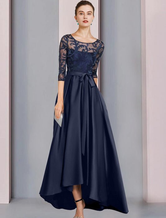 Aimishang A-Line Mother of the Bride Dress Wedding Guest Elegant High Low Scoop Neck Asymmetrical Floor Length Satin Lace Half Sleeve with Bow(s) Pleats Appliques
