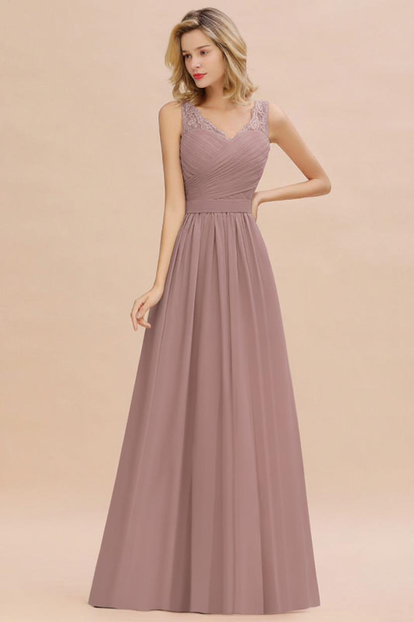 Modest Floral Lace A-line Bridesmaid Dress V-Neck Ruched Chiffon Wedding Guest Dress