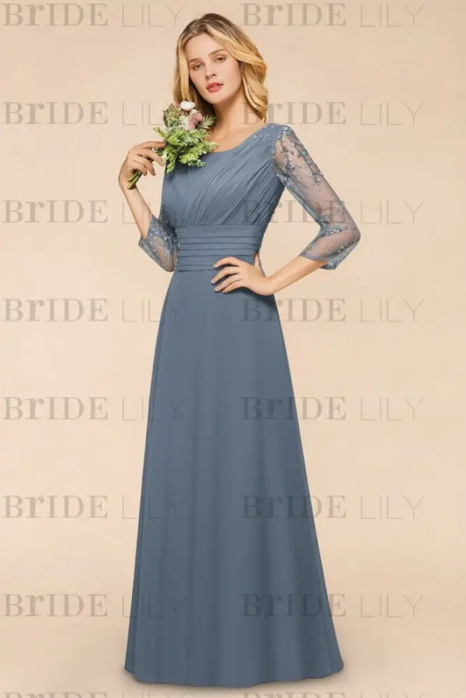 Long Sleeves Aline Bridesmaid Dress Ruffle Chiffon Beadings Wedding Guest Dress