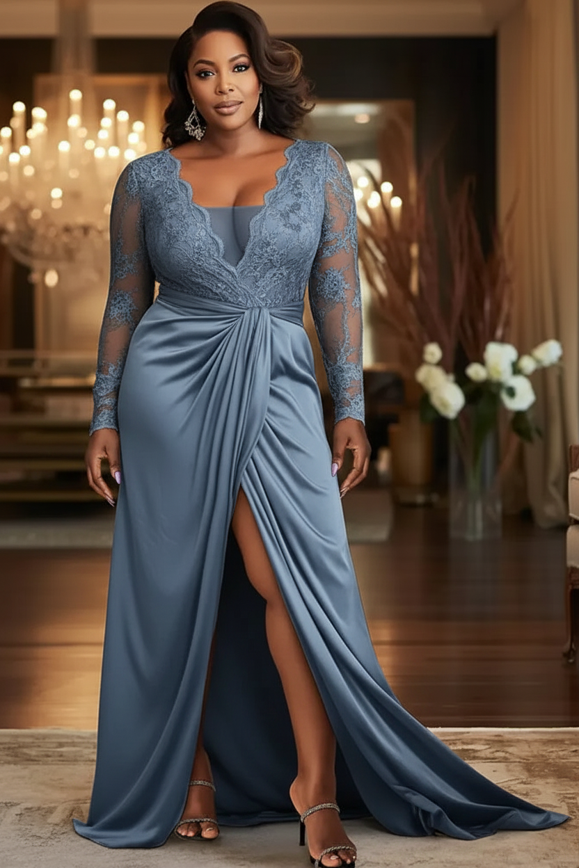 V-Neck Black Mother of the Bride Dress Long Sleeves lace Front Slit Wedding Guest Dress