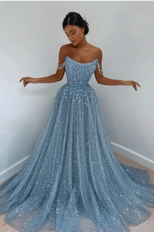 Sparkly Sky Blue Off-the-Shoulder Prom Dress Long with Sequins