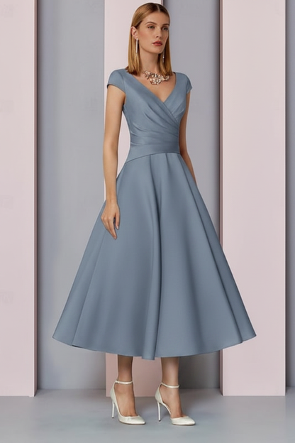 Navy Satin A-Line Mother of the Bride Dress V Neck Tea Length Wedding Guest Dress