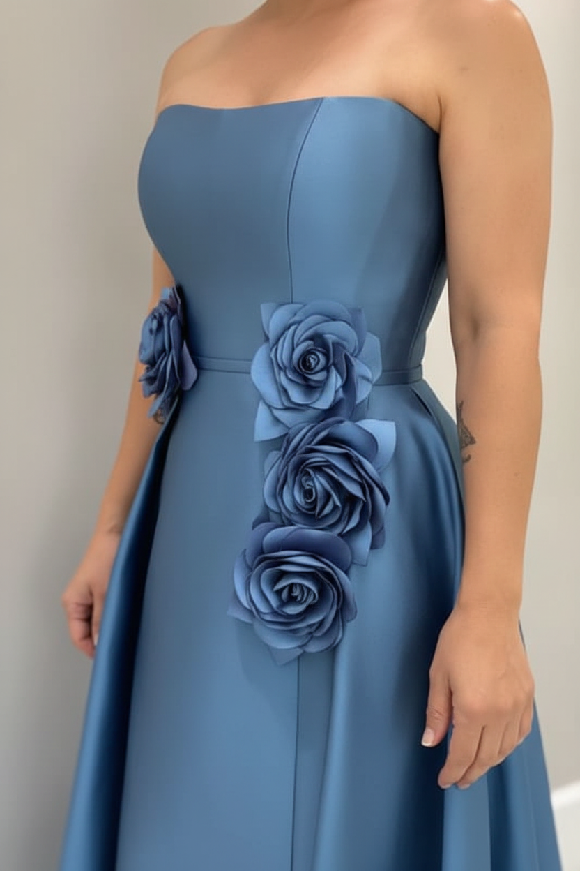 Dusty Blue Satin Mother of the Bride Dress Strapless with Flowers