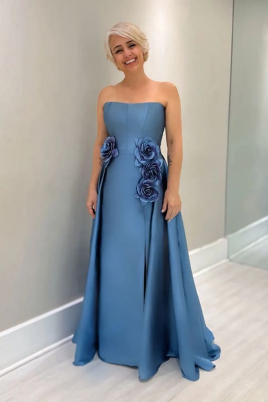 Dusty Blue Satin Mother of the Bride Dress Strapless with Flowers
