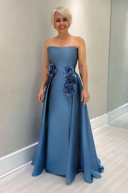 Dusty Blue Satin Mother of the Bride Dress Strapless with Flowers
