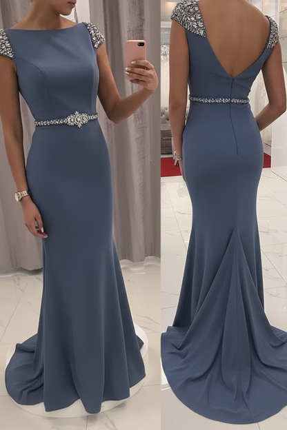 Navy Blue Sequined Fitted Cap Sleeve Mermaid Prom Dress Formal Gown