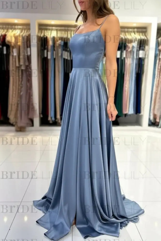 Spaghetti Straps Simple Satin Long Prom Dress with Slit