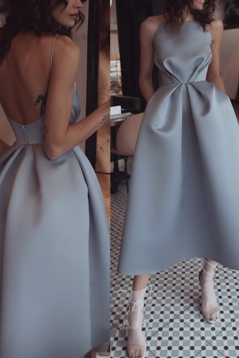 Unique Tea Length Satin Party Spaghetti Straps Backless Prom Dress