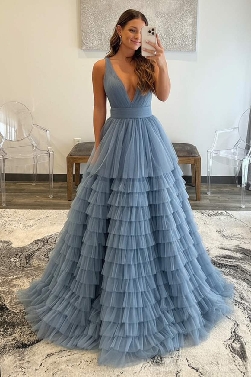 V Neck Layered Tulle Long Prom Dresses Orange Aline Formal Evening Dresses