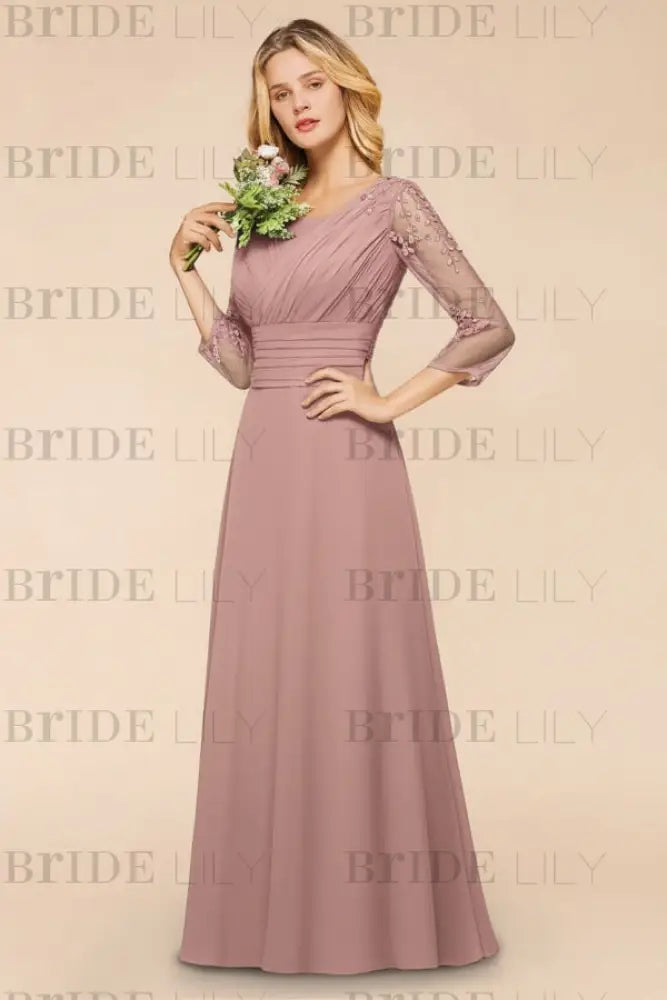 Long Sleeves Aline Bridesmaid Dress Ruffle Chiffon Beadings Wedding Guest Dress