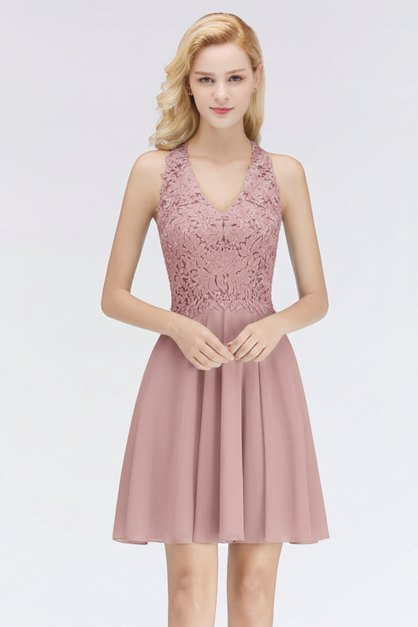 V-Neck Knee Length Floral Lace Birdesmaid Dresses
