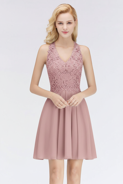 V-Neck Knee Length Floral Lace Birdesmaid Dresses