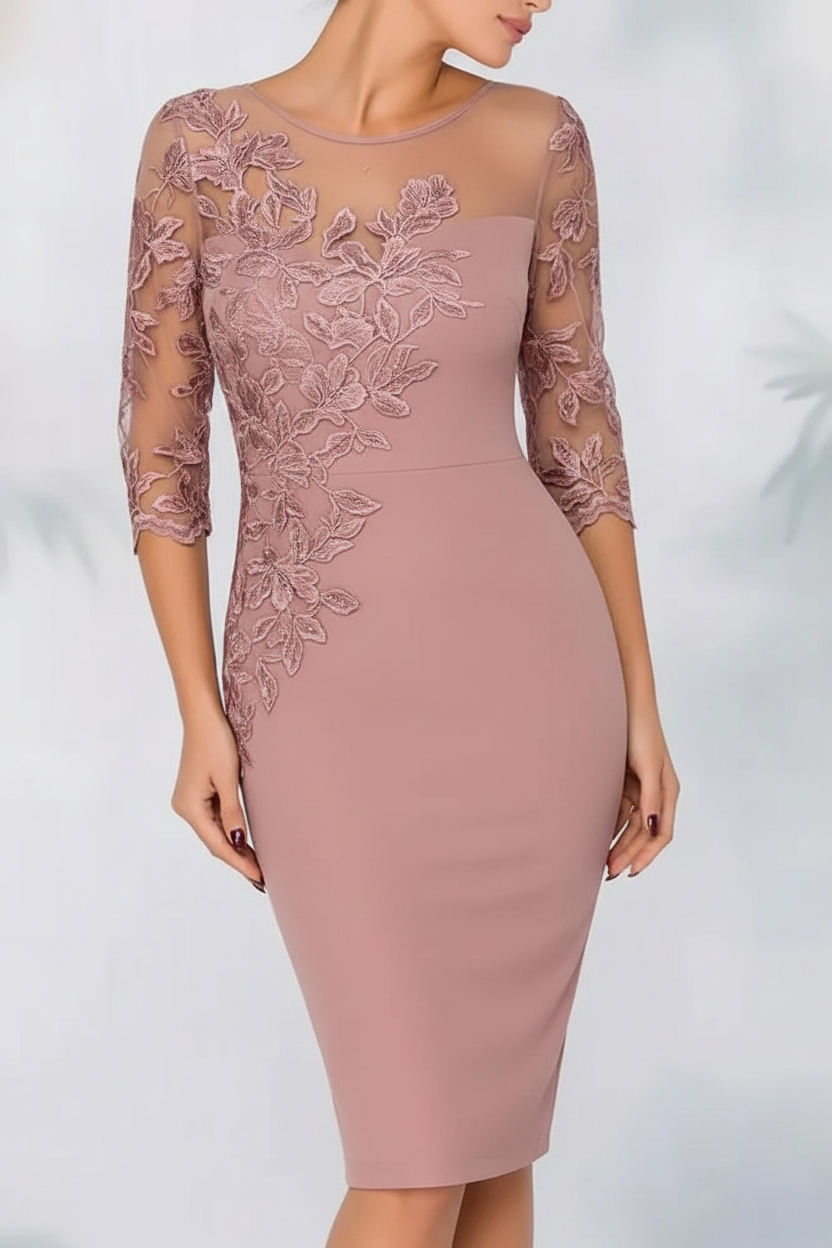 Jewel Neck Column Floral Lace Mother of the bride Dresses Half Sleeves