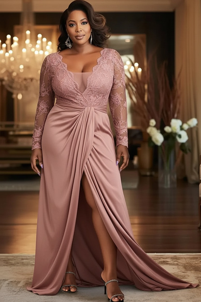 V-Neck Black Mother of the Bride Dress Long Sleeves lace Front Slit Wedding Guest Dress