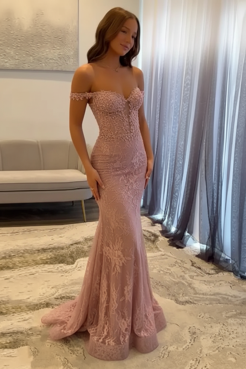 Off-the-Shoulder Mermaid Evening Dress Lace Prom Dress Long