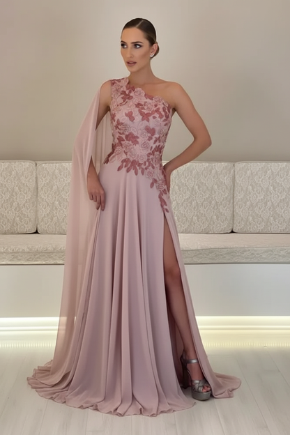 One-Shoulder Sleeveless Chiffon Evening Dresses Long with Side Slit