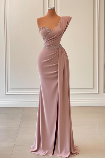 Sage One-Shoulder Split Mermaid Prom Dress With Beadings