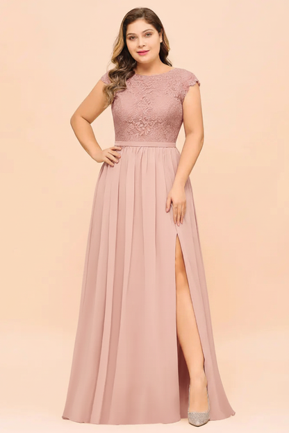 Plus Size Bridesmaid Dress Lace with Split Cap Sleeves Chiffon Wedding Guest Dress
