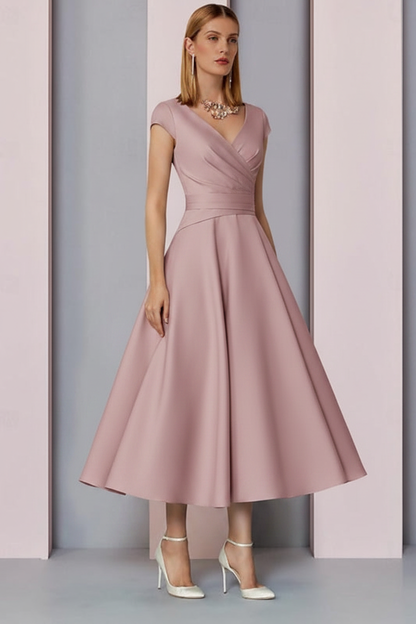 Navy Satin A-Line Mother of the Bride Dress V Neck Tea Length Wedding Guest Dress