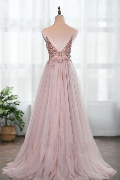 Dusty Pink Spaghetti Straps Beading Prom Dress A Line Tulle Evening Dresses with Front Split