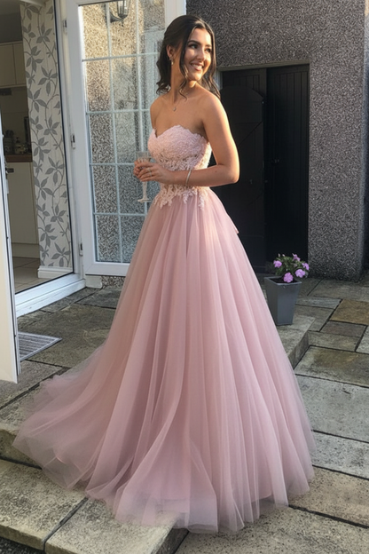Sweetheart Open Back Pink Lace Long Prom Dresses Tulle Aline Formal Evening Dresses