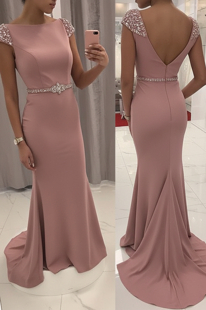 Navy Blue Sequined Fitted Cap Sleeve Mermaid Prom Dress Formal Gown