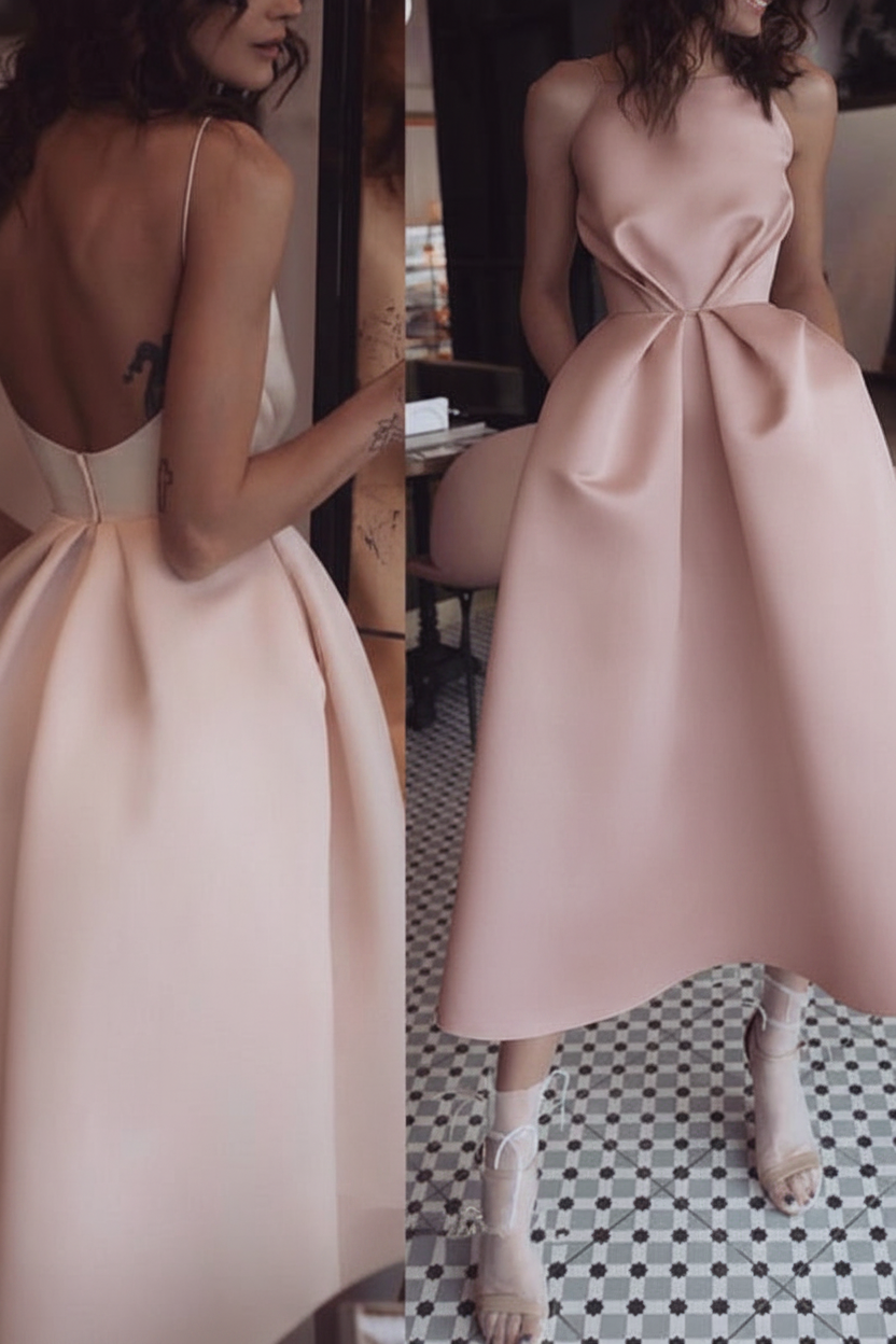 Unique Tea Length Satin Party Spaghetti Straps Backless Prom Dress