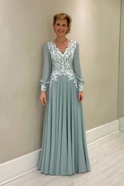Dusty Sage Aline Chiffon Mother of the Bride Dress Long Sleeves with Appliques