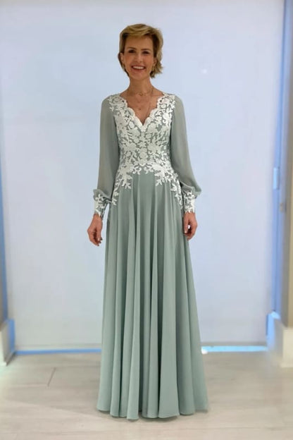 Dusty Sage Aline Chiffon Mother of the Bride Dress Long Sleeves with Appliques