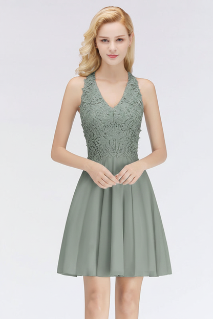 V-Neck Knee Length Floral Lace Birdesmaid Dresses