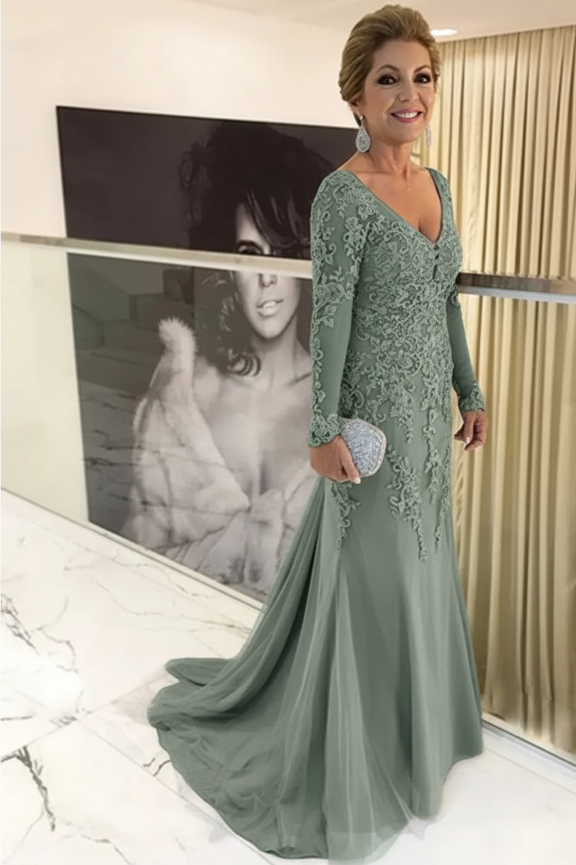 Elegant Long Sleeves Lace mother of the bride dress V-Neck