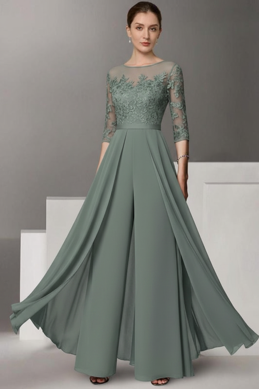 Half Sleeves Chiffon Mother of Bride Jumpsuit with Appliques