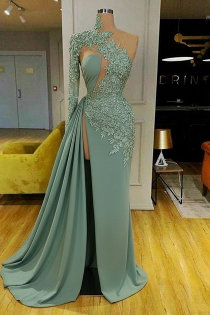 White Mermaid Evening Dress Front Split with Long Sleeves