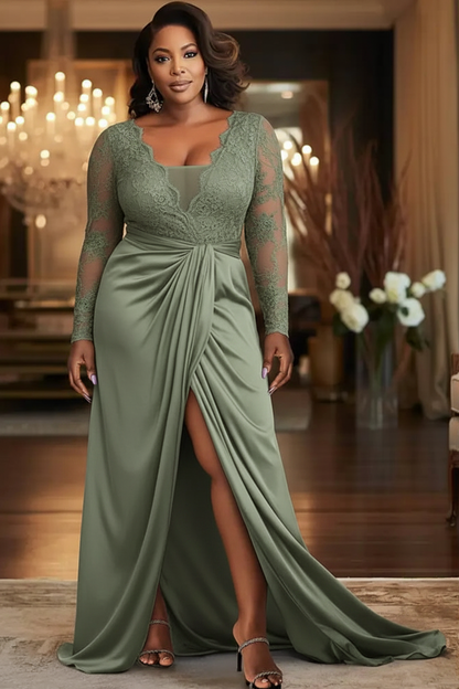 V-Neck Black Mother of the Bride Dress Long Sleeves lace Front Slit Wedding Guest Dress