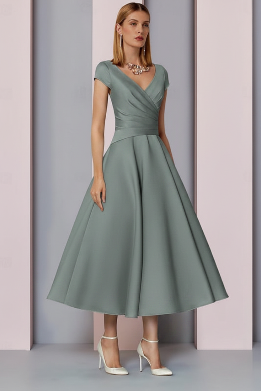 Navy Satin A-Line Mother of the Bride Dress V Neck Tea Length Wedding Guest Dress