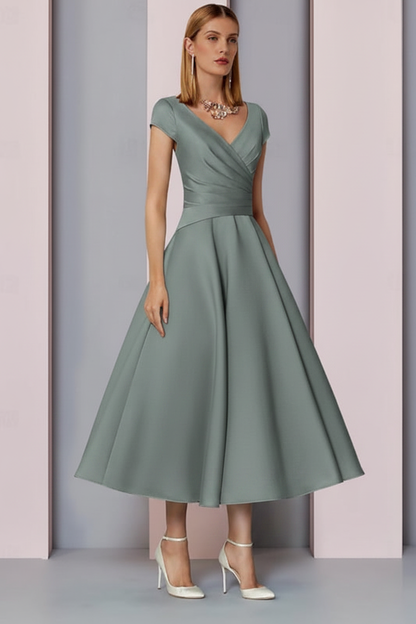 Navy Satin A-Line Mother of the Bride Dress V Neck Tea Length Wedding Guest Dress