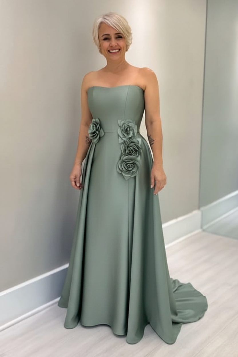 Dusty Blue Satin Mother of the Bride Dress Strapless with Flowers