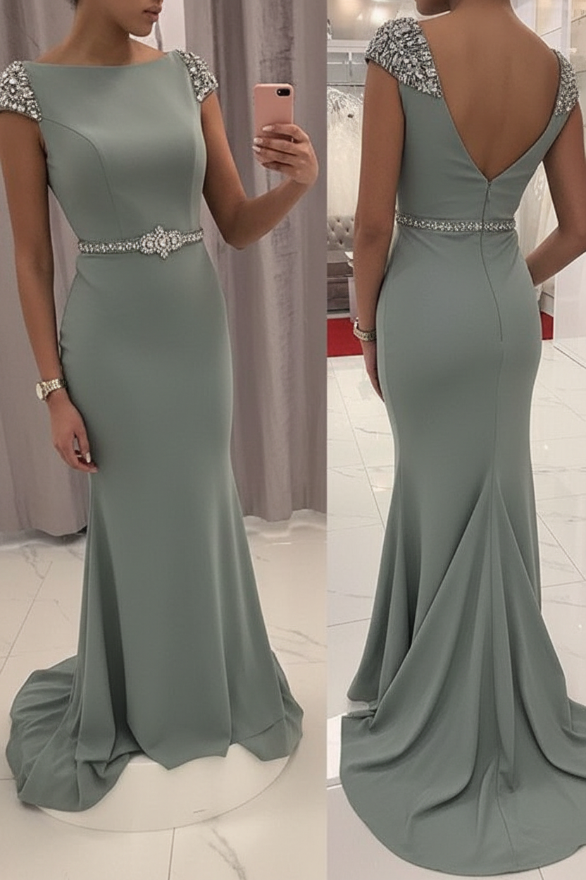 Navy Blue Sequined Fitted Cap Sleeve Mermaid Prom Dress Formal Gown