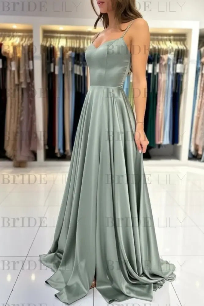 Spaghetti Straps Simple Satin Long Prom Dress with Slit