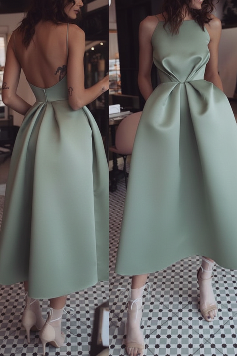 Unique Tea Length Satin Party Spaghetti Straps Backless Prom Dress