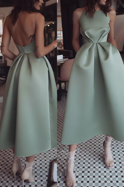 Unique Tea Length Satin Party Spaghetti Straps Backless Prom Dress