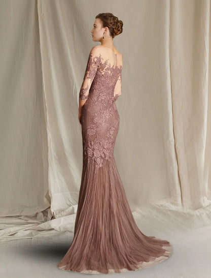 Aimishang  Mermaid / Trumpet Mother of the Bride Dress Formal Wedding Guest Elegant Scoop Neck Sweep / Brush Train Lace Tulle Half Sleeve with Appliques