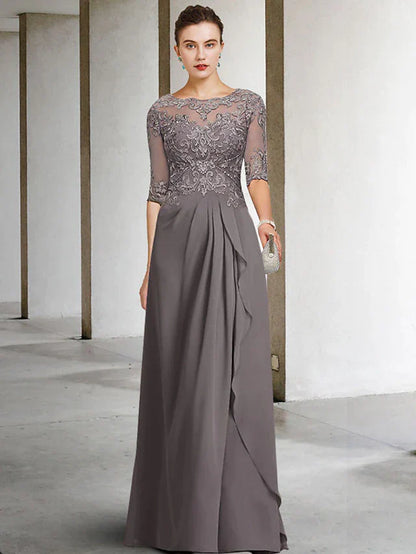 A-Line Mother of the Bride Dress Plus Size Elegant Jewel Neck Floor Length Chiffon Lace Half Sleeve with Pleats Beading Appliques