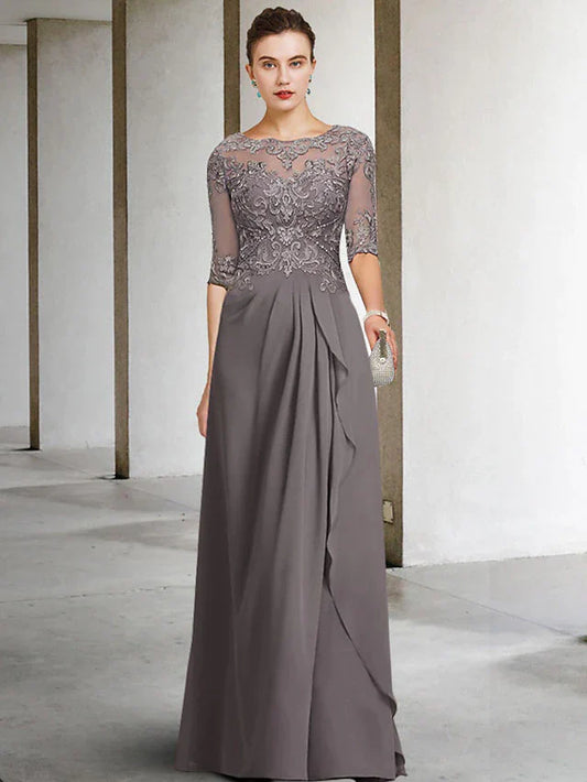 A-Line Mother of the Bride Dress Plus Size Elegant Jewel Neck Floor Length Chiffon Lace Half Sleeve with Pleats Beading Appliques