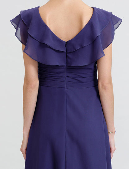 Aimishang A-Line Mother of the Bride Dress Formal Open Back Elegant V Neck Floor Length Chiffon Short Sleeve No with Sash / Ribbon Crystal Brooch