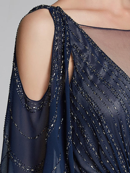 Sheath / Column Mother of the Bride Dress Sparkle & Shine Boat Neck Floor Length Chiffon Jersey Long Sleeve No with Beading Ruching